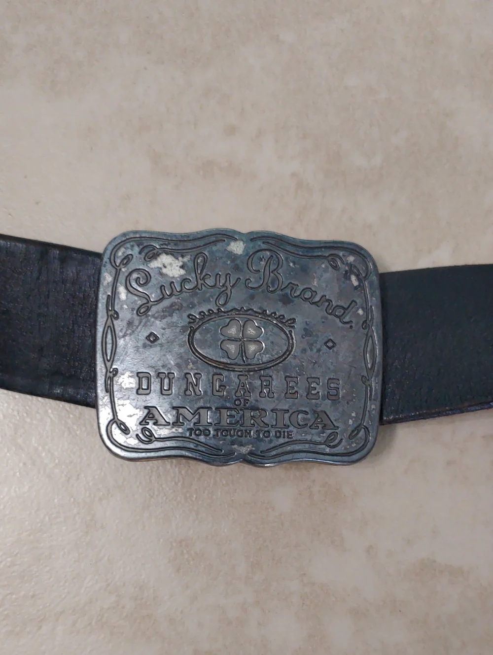 Vintage Lucky Dungarees Large Buckle Black Unisex Leather Belt